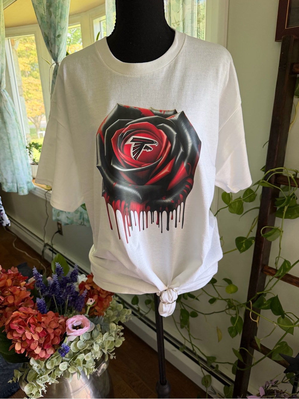 Atlanta Falcons White Tee with Red & Black Dripping Rose Graphic
